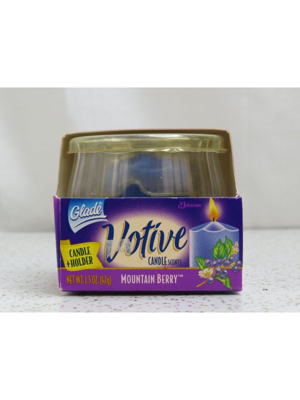 1998 Glade Votive Candle Scents Mountain Berry Blue Candle & Glass Holder VTG